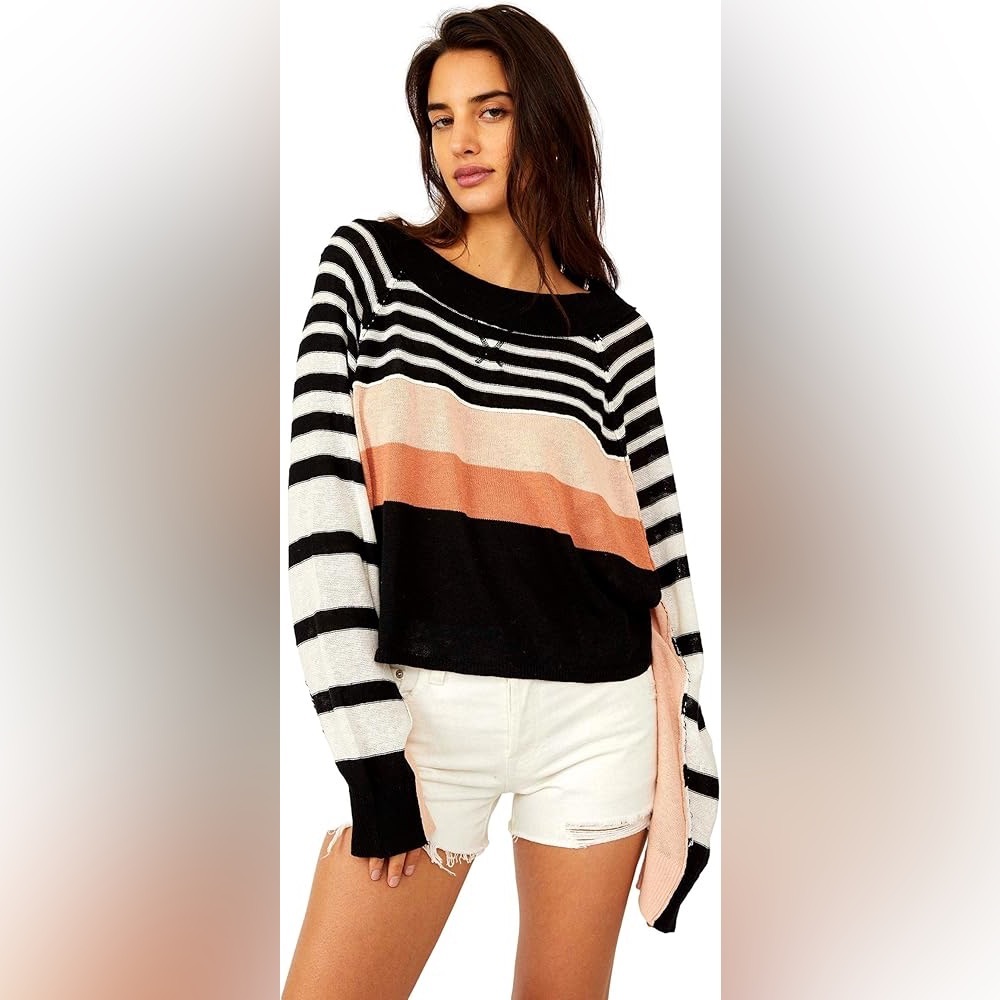 Free People Block Party Striped Pullover Black Pearl Combo Size Medium NWT